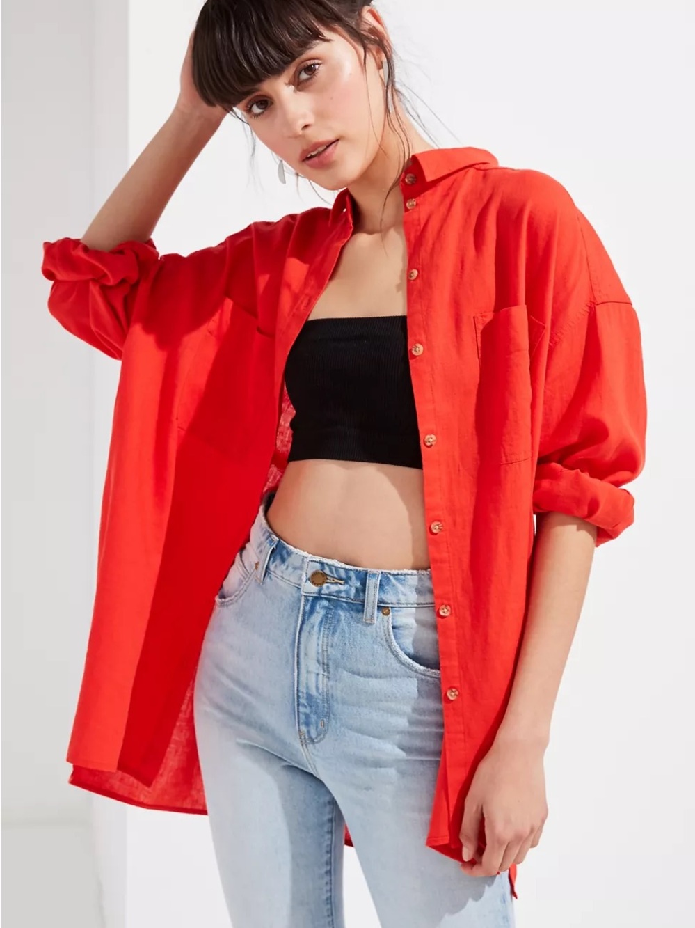 Urban Outfitters Oversized Orange Linen Blend Button-Down Shirt | Size Large